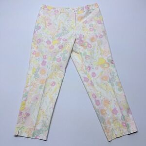 Talbots Petite Floral Print Ankle Pants Pink Yellow Green Cotton Stretch 10P